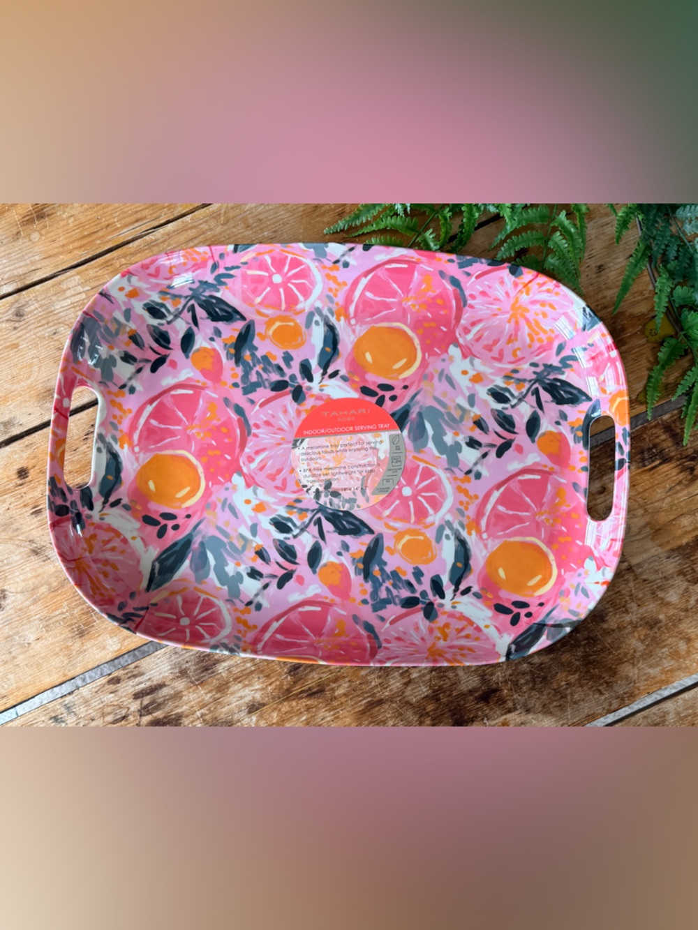 Tahari Home Indoor/Outdoor Melamine Serving Tray - Pink Citrus Floral NWT